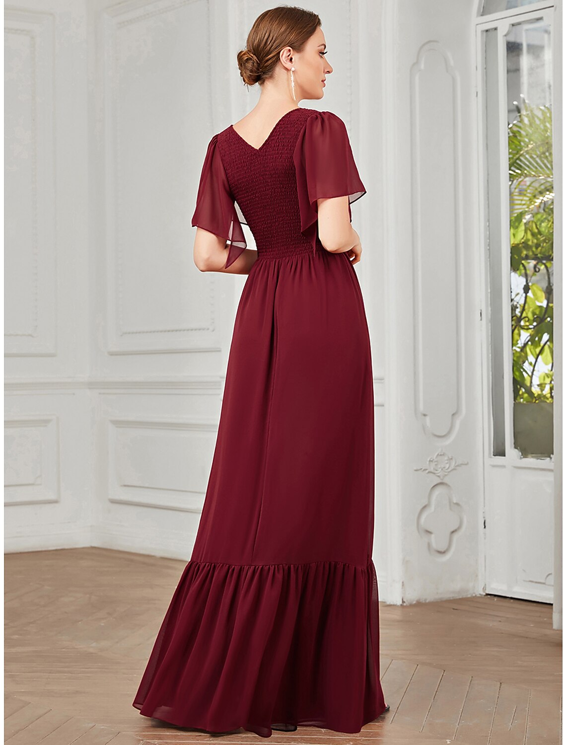 Wholesale  A-Line Prom Dresses Elegant Dress Party Wear Wedding Guest Floor Length Short Sleeve V Neck Chiffon with Pleats